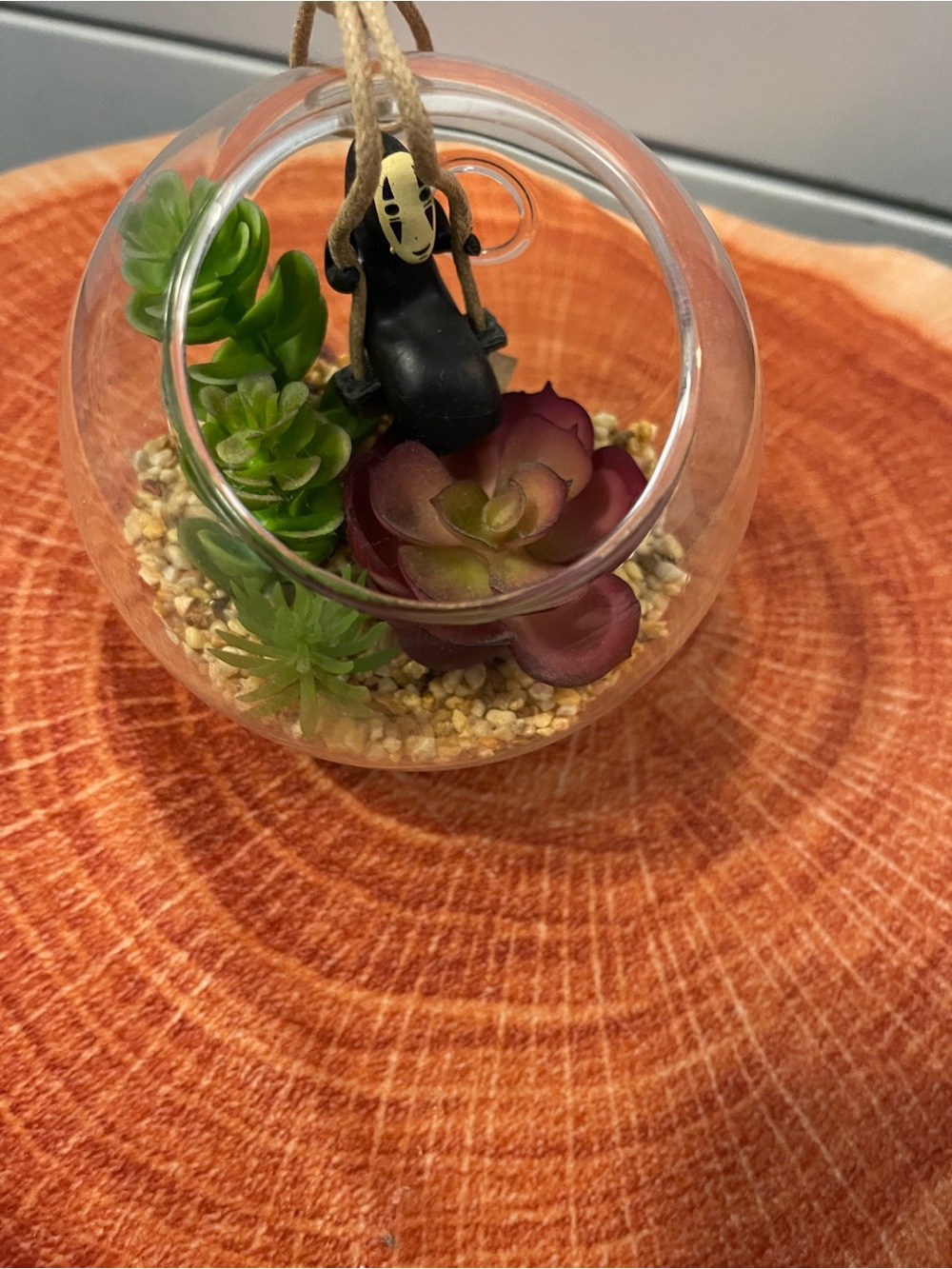 Studio Ghibli No-Face Swinging Faux Succulent Glass Terrarium Orb